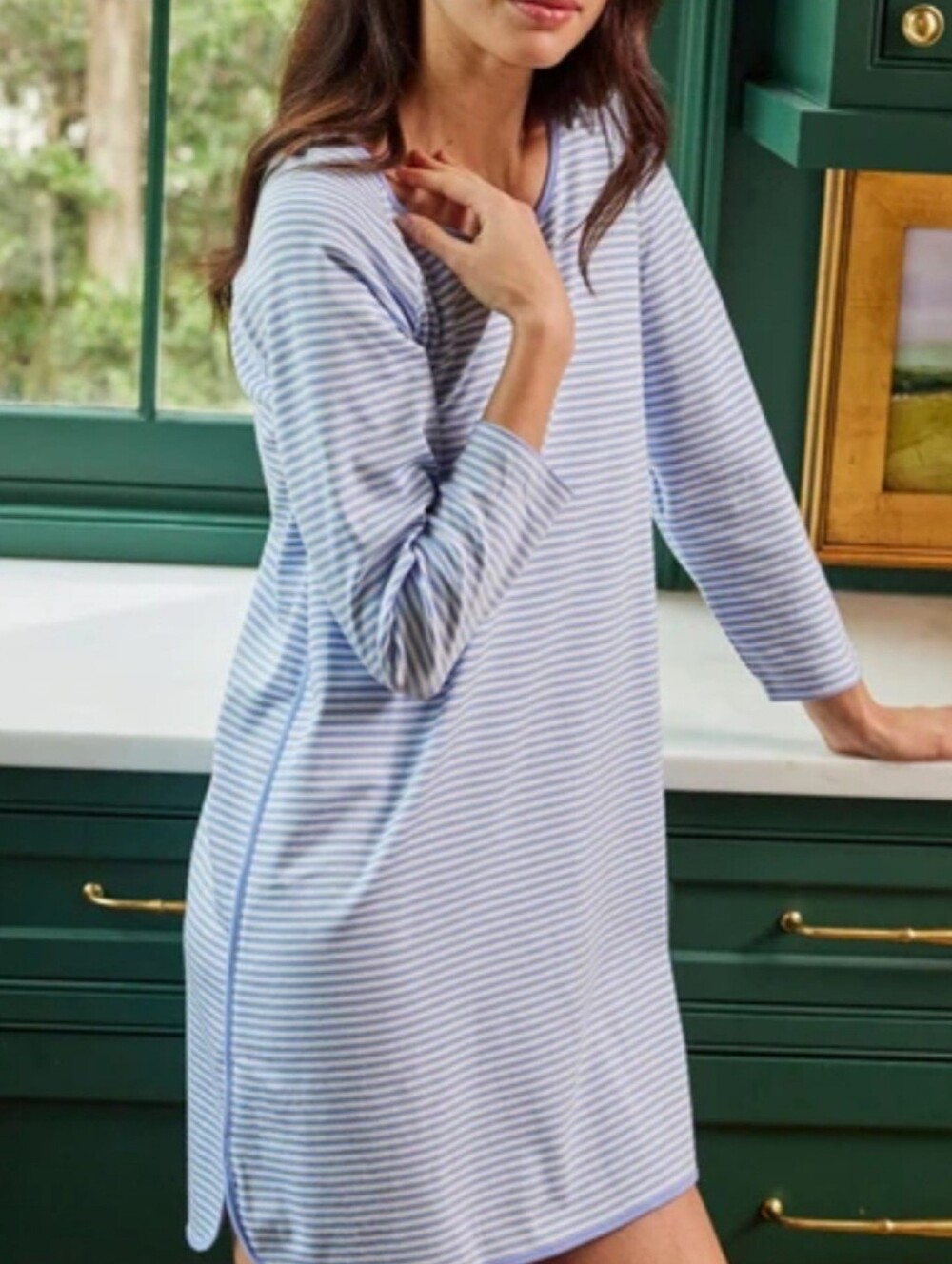 LAKE Blue White Stripe 100 % Pima Cotton Button Front Nightgown Pajama Dress S